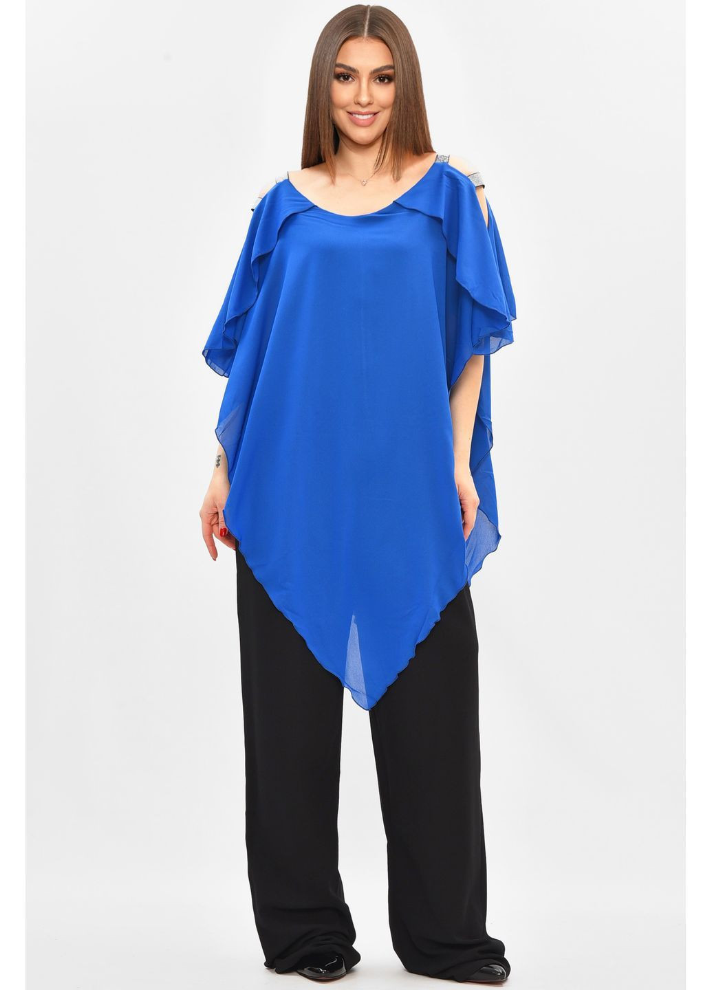 Комбінезон жіночий напівбатальний синього кольору Let's Shop комбінезон-брюки однотонний синій джинсовий поліестер