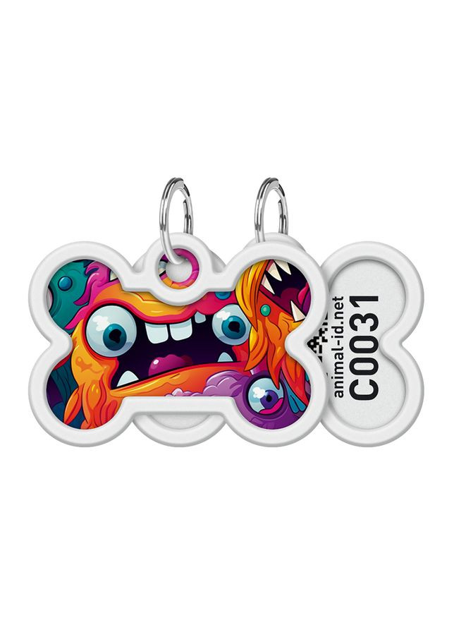 Адресник для собак металевий Smart ID c QR паспортом, «Зубасті монстри», кістка, Д 40 мм, Ш 28 мм WAUDOG (330245225)