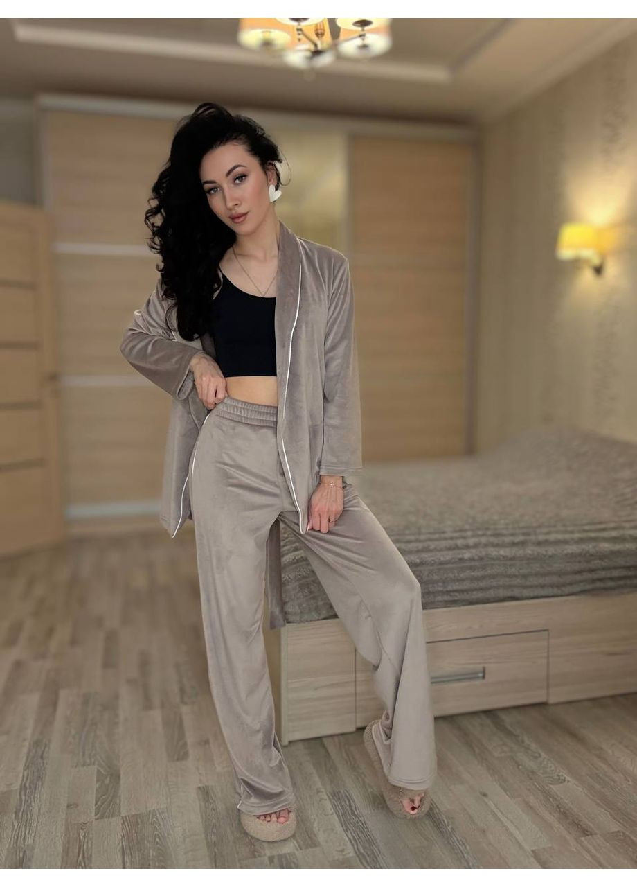 Бежева всесезон жіночий домашній комплект — заміри в описі сорочка + брюки DK/DL Мода без кордонів