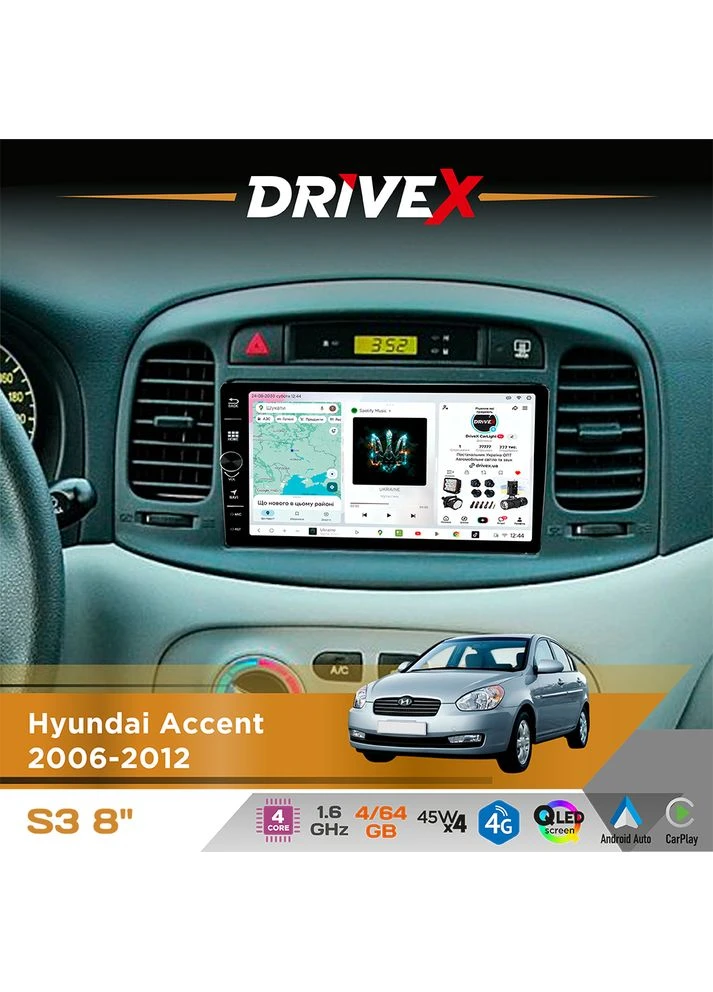 Штатна магнітола для Hyundai Accent 2006-2012 S3 QLED 8" з фізичними кнопками Android 8-ядерний 1.6ГГц 4x64Гб SIM-картка 3G/4G DriveX (401892936)