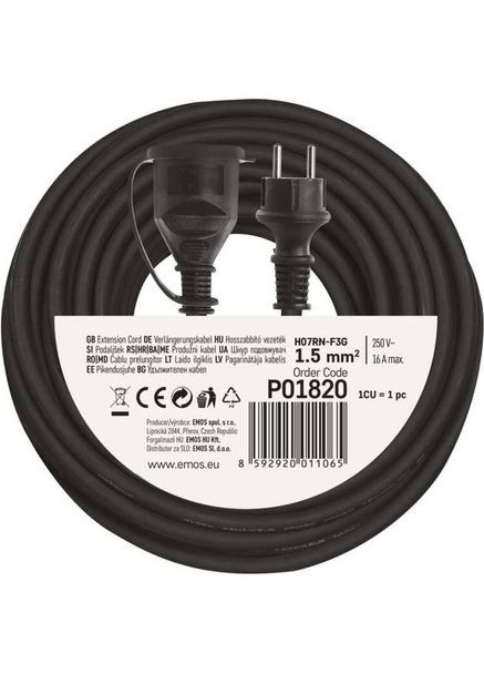 Удлинитель 1 розетка 20м 16А 3х1, 5мм2 Black (P01820) Emos (323102657)