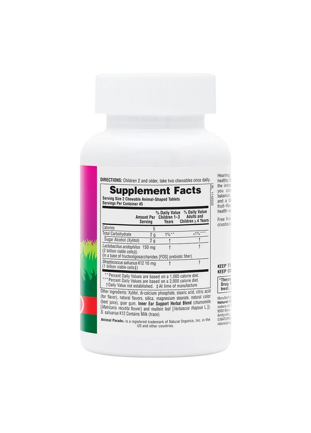 Пробіотики та пребіотики Animal Parade Children's Inner Ear, 90 жувальних таблеток Вишня Natures Plus (293342181)