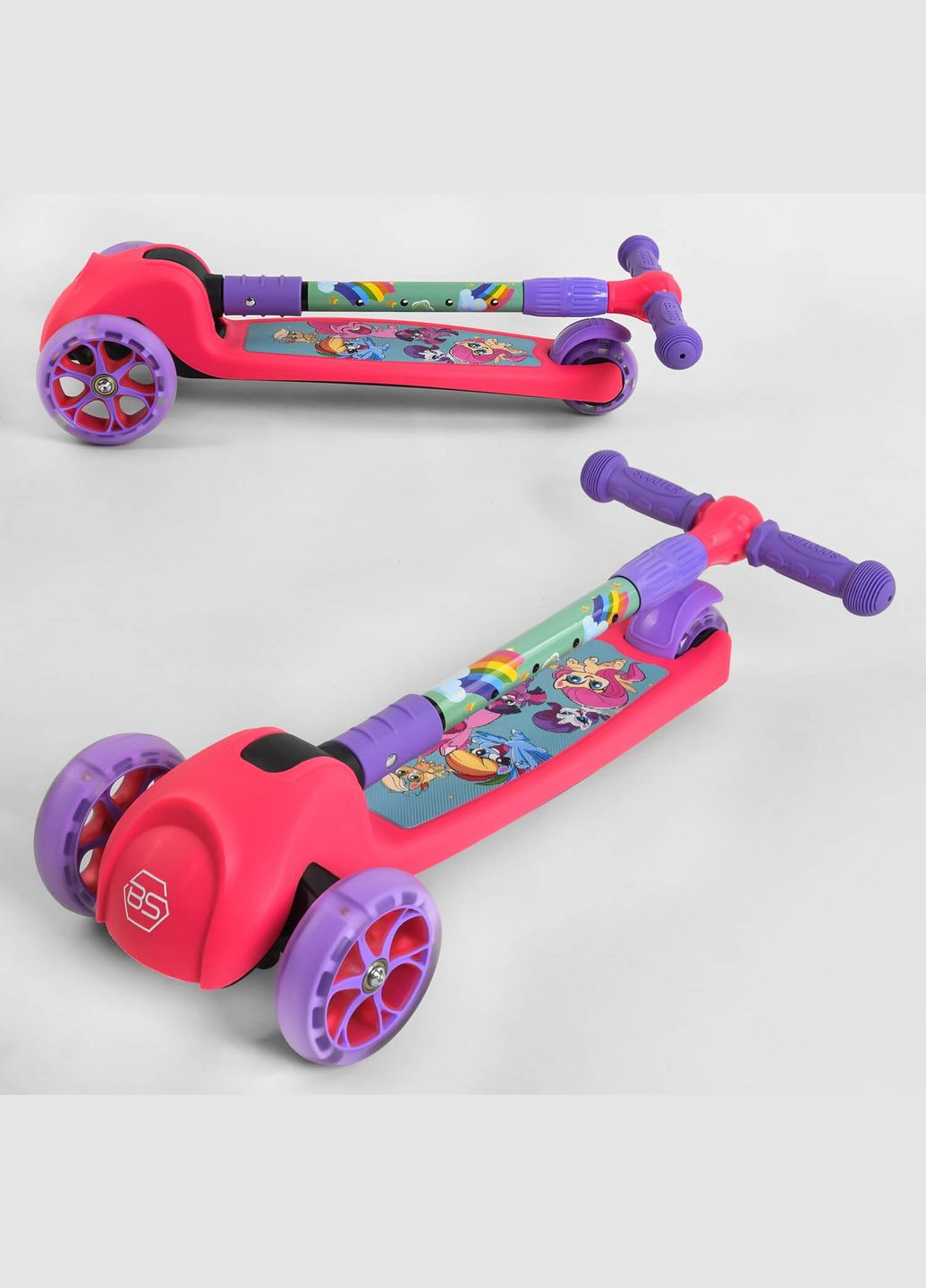 Детский самокат 68055. Подсветка колёс и диска, складной руль,3 PU колеса. Розовый Best Scooter (293060906)