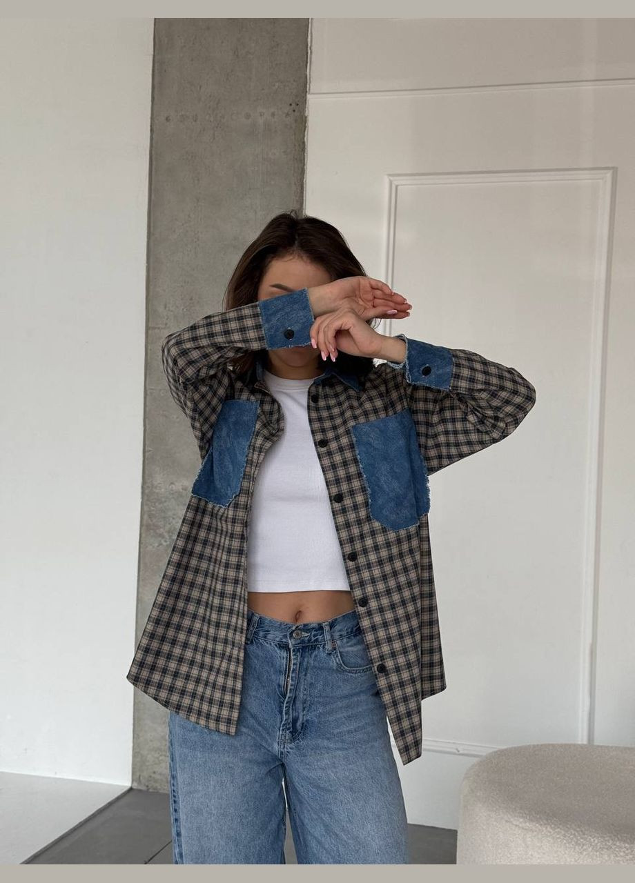 Светло-коричневая повседневный, кэжуал, джинсовая рубашка в клетку No Brand