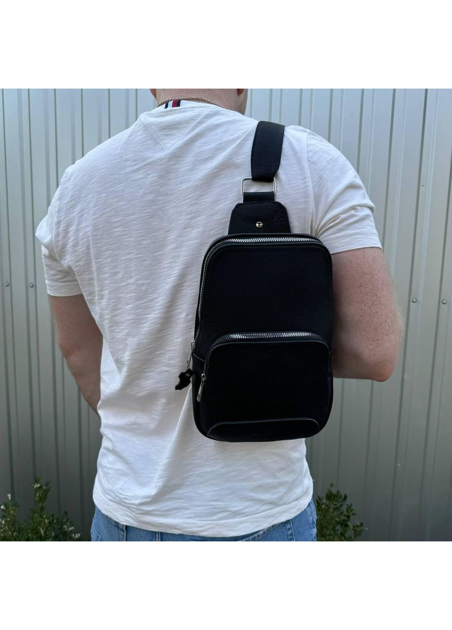 Мужская кожаная сумка бананка на грудь Armani слинг из натуральной кожи для мужчин нагрудная черная сумка ProDobro (363260055)