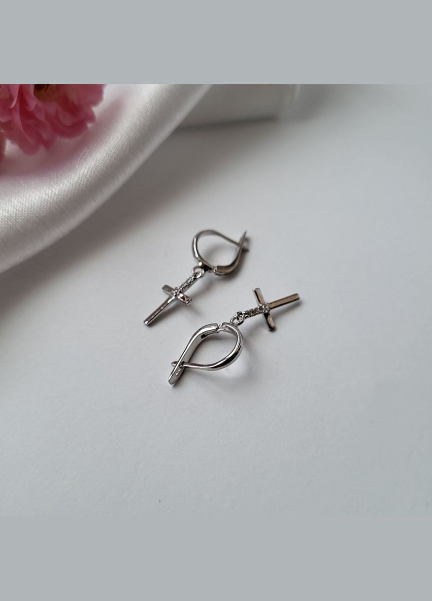 Серебряные сережки с подвеской Кресты в Белых камнях серебро 925 пробы родированное 53274р No Brand (306743347)