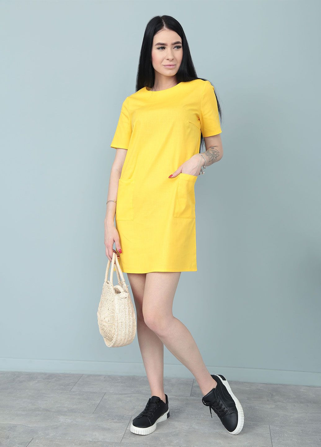 Жовтий повсякденний, кежуал літня сукня з кишенями Fashion Girl однотонна