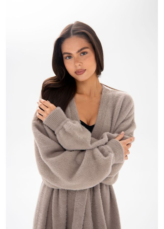 Бежевая демисезонная женский вязаный кардиган длинный beige one size 854314 German Volf 25112