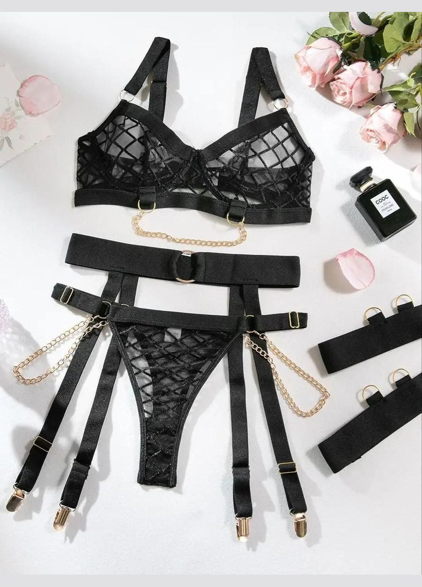 Чорний демісезонний комплект відвертої білизни інтригантка жіночий набір бюстгальтер трусики пояс з гартерами No Brand Комплект відвертої білизни Nude чорний