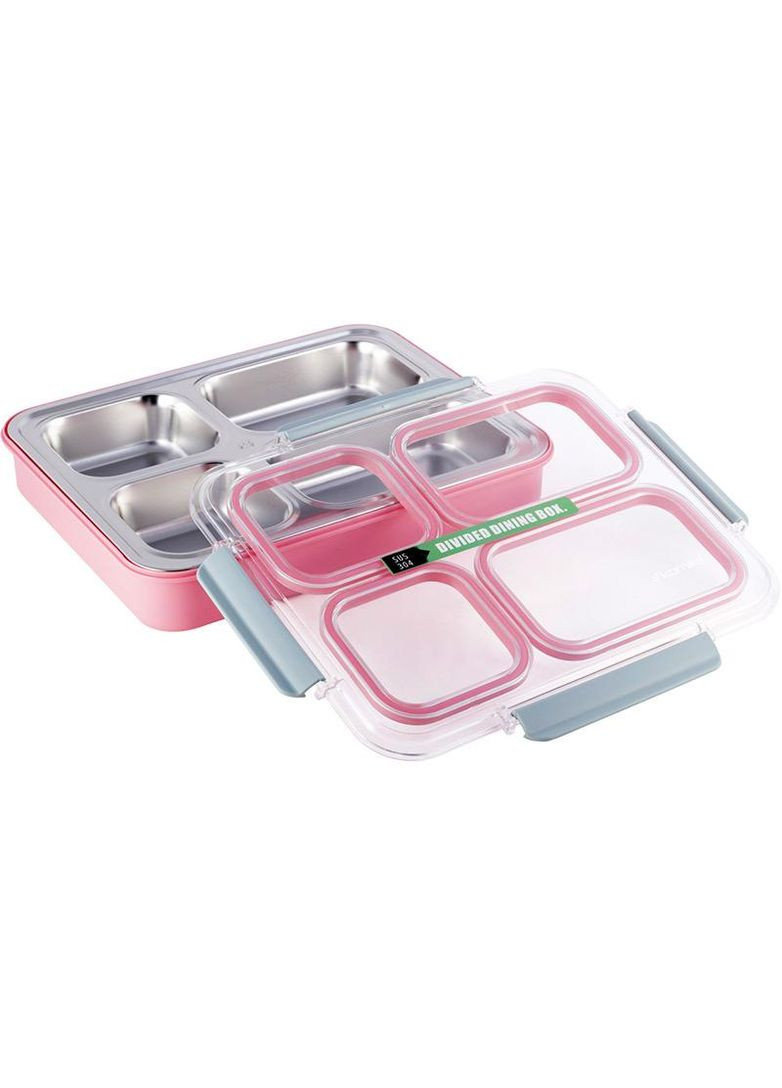 Ланч-бокс Snack 1800мл розовый контейнер для еды на 4 секции из нержавеющей стали и пластика Kamille (368986660)