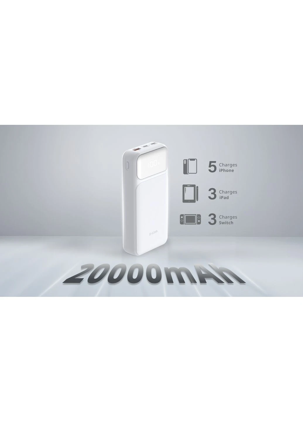 Портативный аккумулятор литий-ионный Power Bank 20000мА*ч, 65Вт PD 3.0, QC 3.0, 2xUSB-C, 1xUSB-A с дисплеем, белый D-Link (378601408)