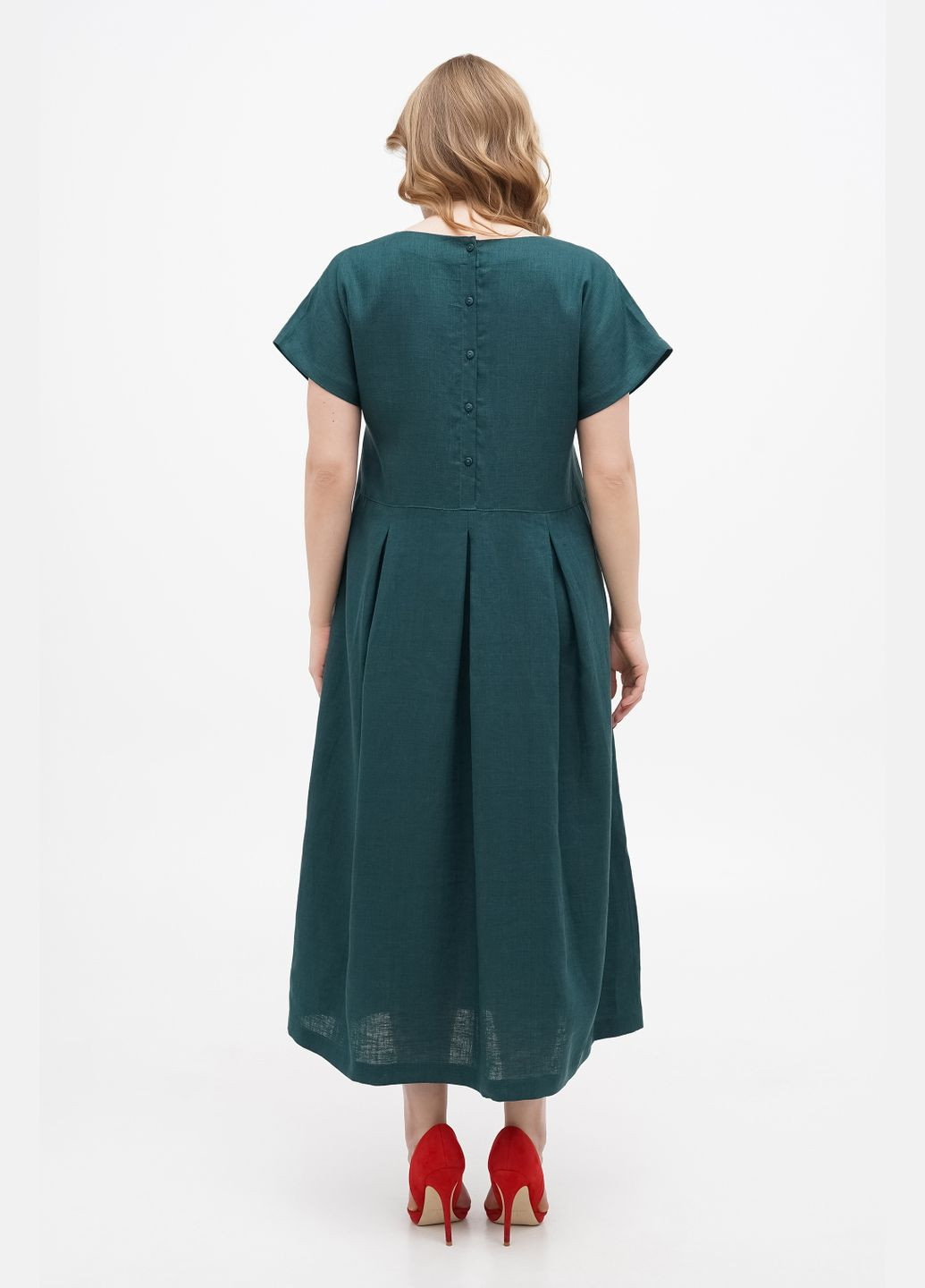 Зелена вільна лляна сукня бохо з коротким рукавом та складками кліко., р., код 0322/46/1330 ГАЛЕРЕЯ ЛЬОНУ