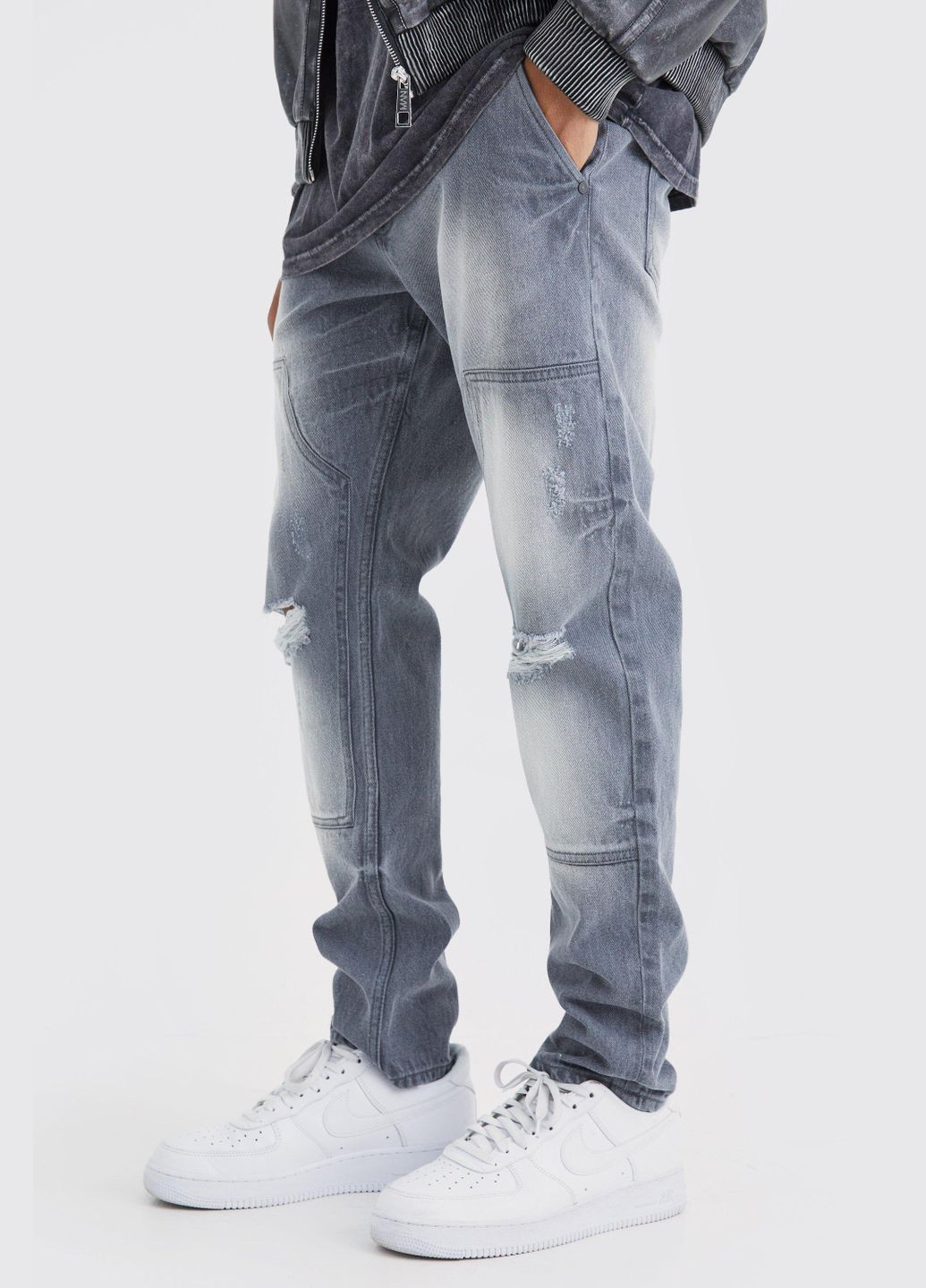 Серые демисезонные джинсы Slim Rigid Carpenter Ripped BMM71398 Boohoo