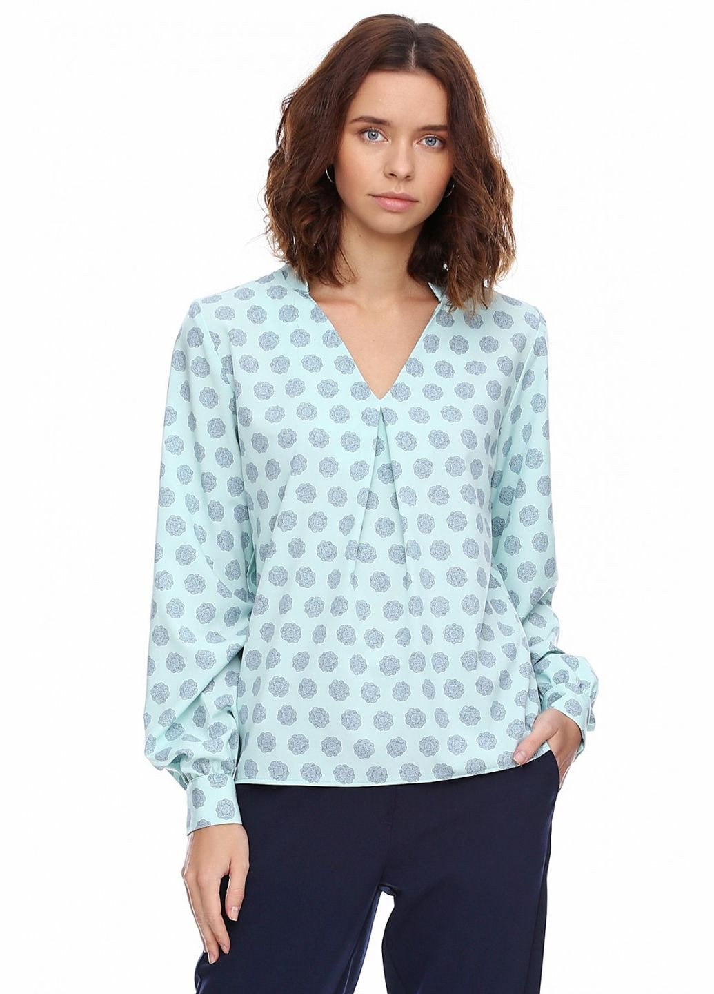 Бірюзова жіноча блуза з квітковим малюнком і защипами (ll170316942) LadyLike