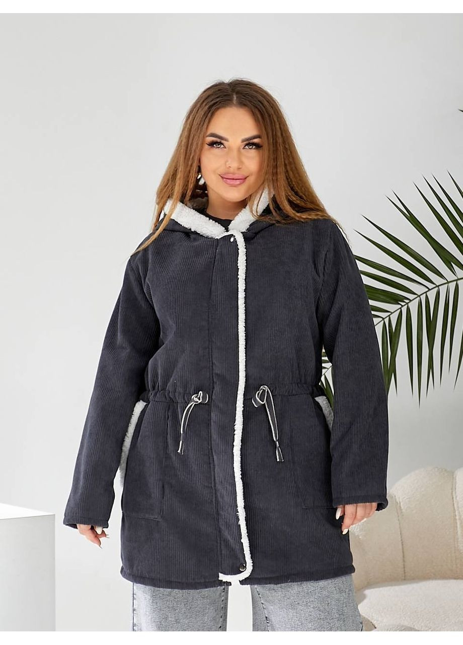 Графитовая зимняя куртка-парка вельвет на меху,талия со шнурком,капюшон Україна