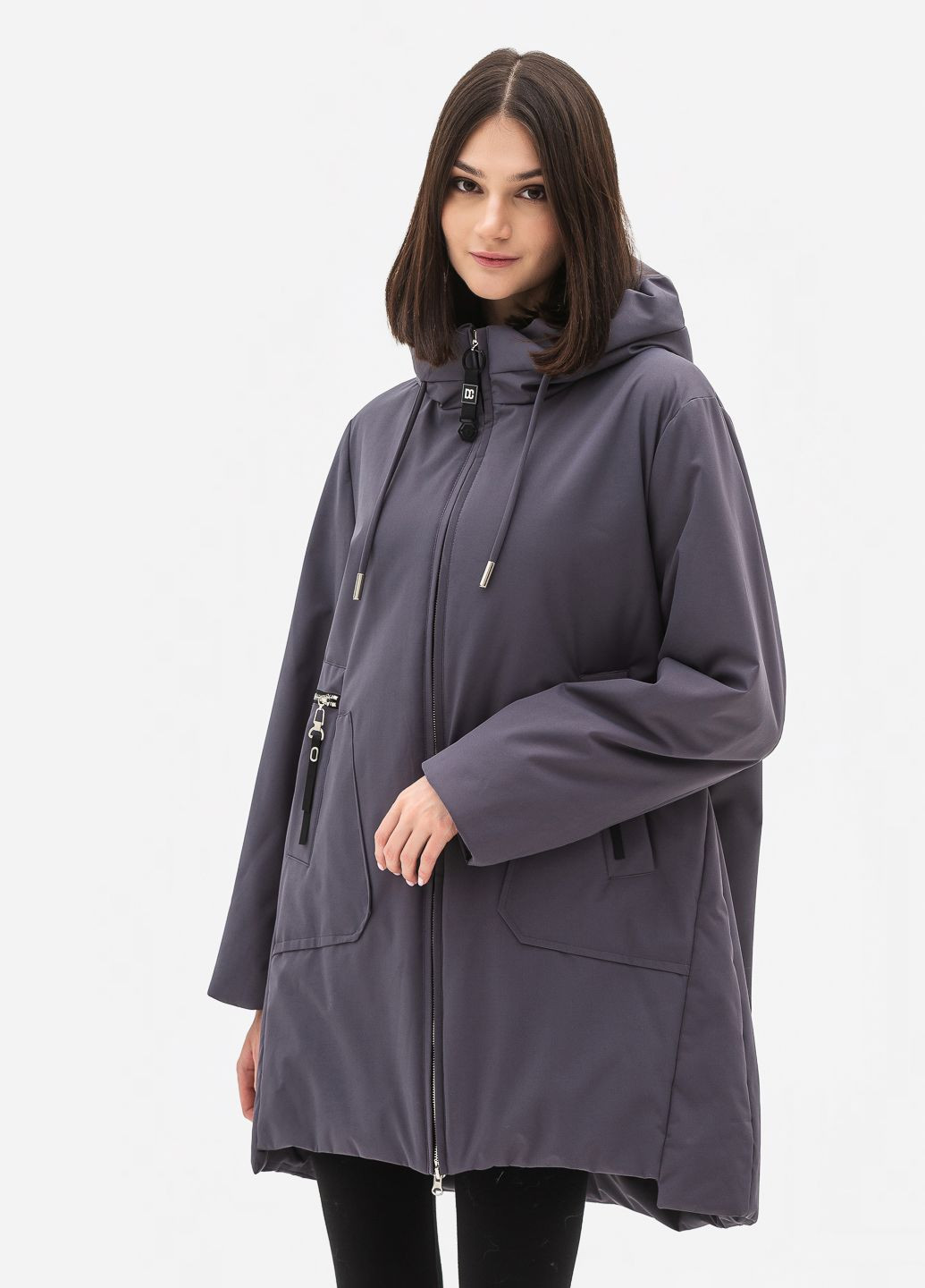 Серая демисезонная куртка женская батальная с капюшоном модель Visdeer 957
