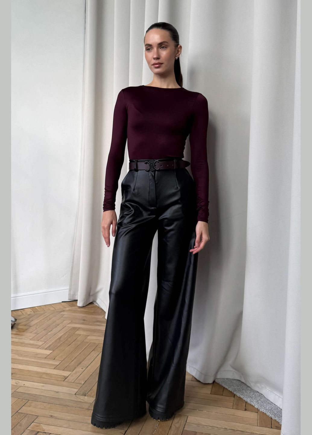 Брюки-палаццо черного цвета из эко-кожи Jadone Fashion (308284266)