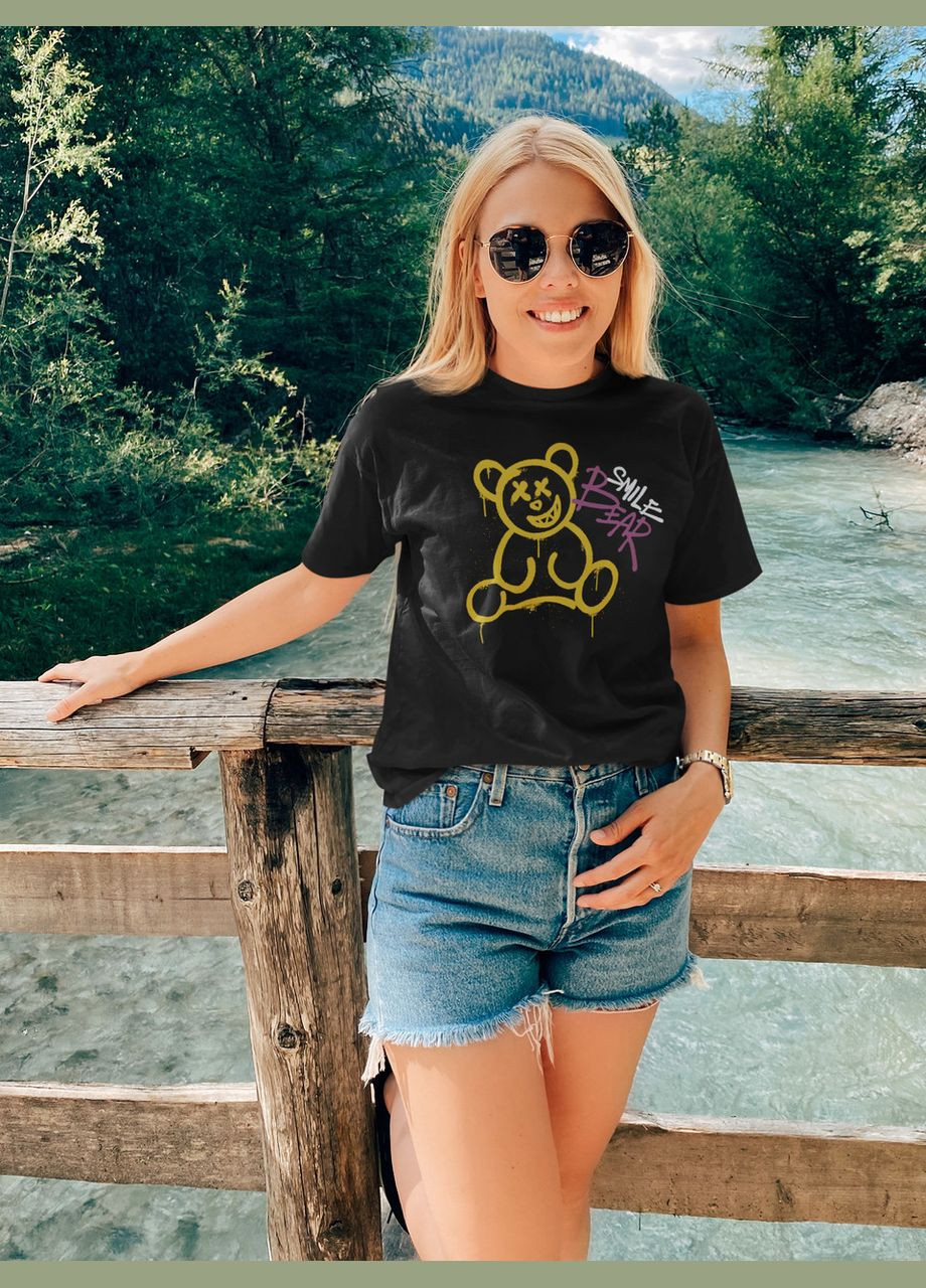 Черная летняя женская повседневная футболка из натурального хлопка teddy bear 20000003253 с коротким рукавом Mishe