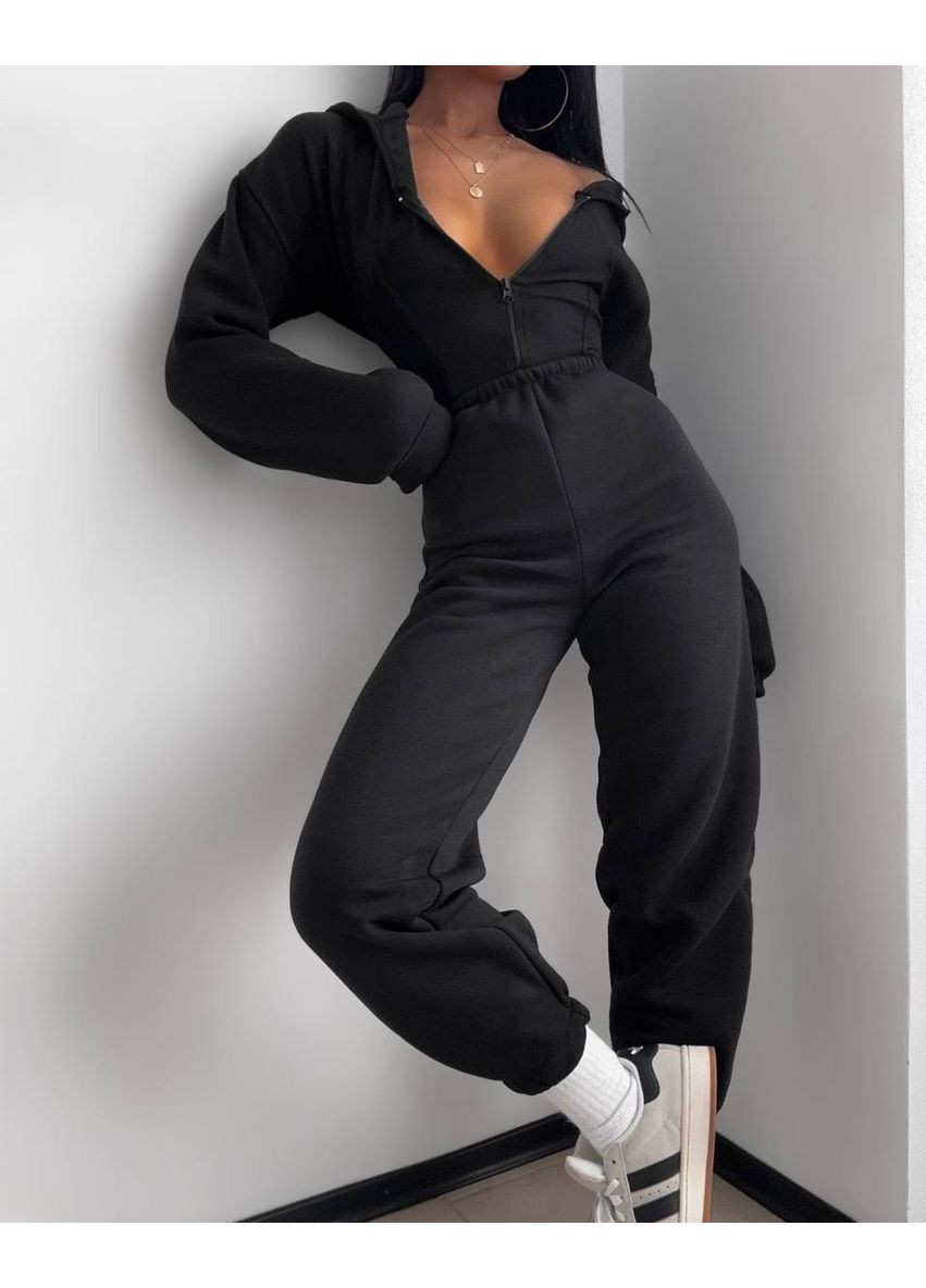 Теплый комбинезон с капюшоном — ЗАМЕРЫ В ОПИСАНИИ GD/GL Модний простір комбинезон-брюки однотонный чёрный повседневный трехнитка с начесом