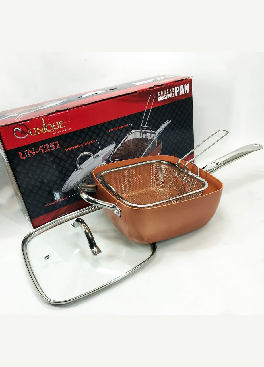 Сковорода-фритюрниця UN-5251 квадратна антипригарна з пароваркою та каструлею + скляна кришка 24 см Unique (364663687)