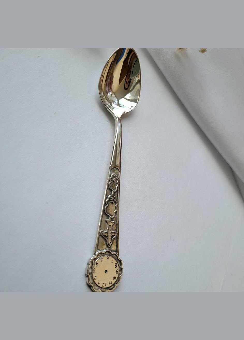 Серебряная чайная Ложка Часы с Самолётом серебро 875 пробы Черненное 9054 15.00г No Brand (323653848)