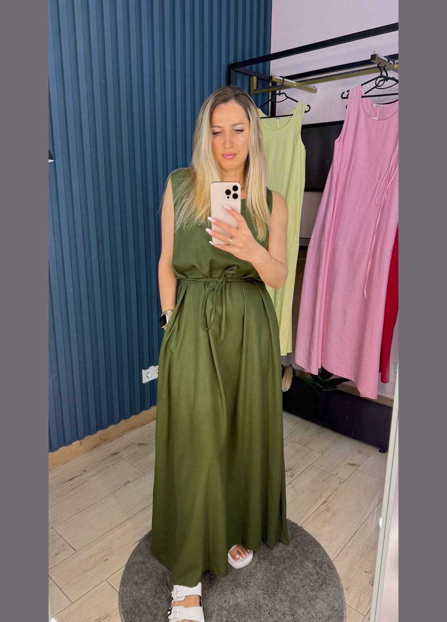 Оливкова (хакі) кежуал лляна сукня довжини максі Adelante однотонна