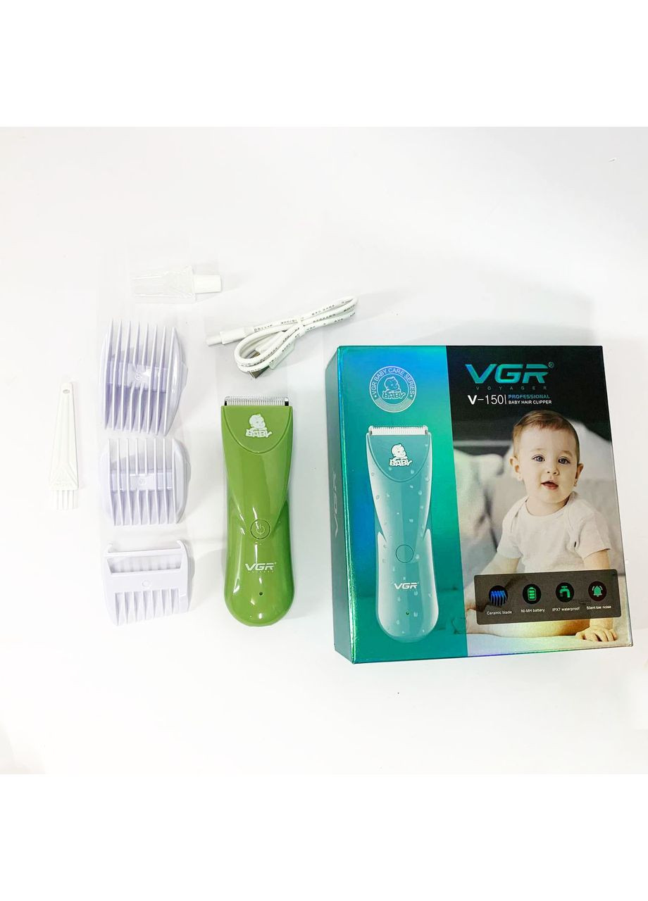 Очень тихая беспроводная машинка для стрижки волос детей V-150 с насадками. Цвет: зеленый VGR (364665519)