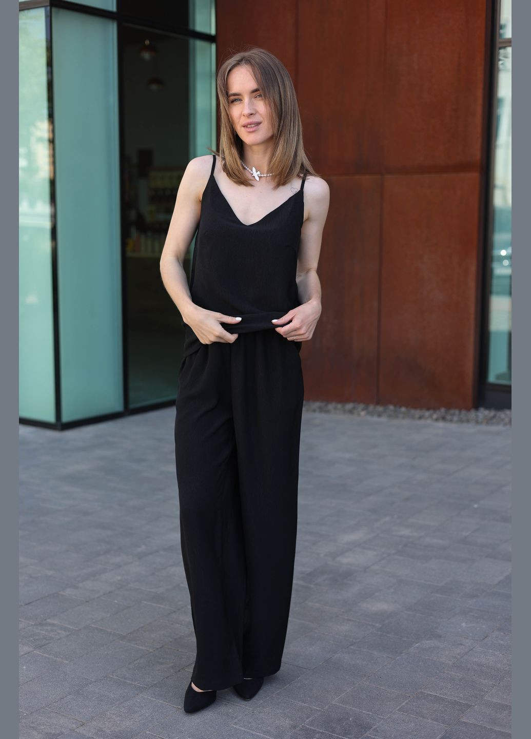 Жіночий костюм ( Майка + Сорочка + Шорти + Штани ) 0513 Шовковий L-XL чорний АМА (300091049)