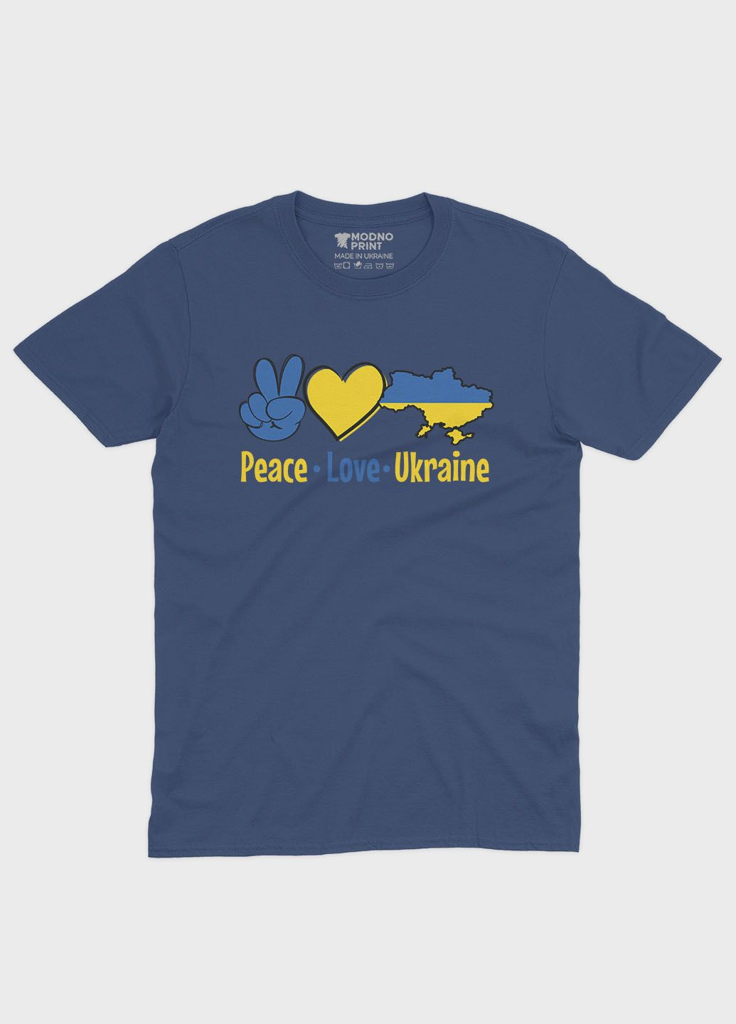 Темно-синя демісезонна футболка для дівчинки з патріотичним принтом peace love ukraine (ts001-2-nav-005-1-040-g) Modno