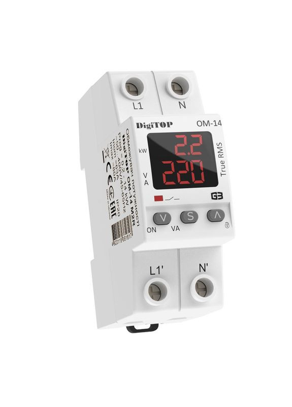 Защитное реле ограничитель мощности ОМ14 M2R, однофазное, 13500Вт с индикацией напряжения, тока, мощности (красный) DIGITOP (315435383)