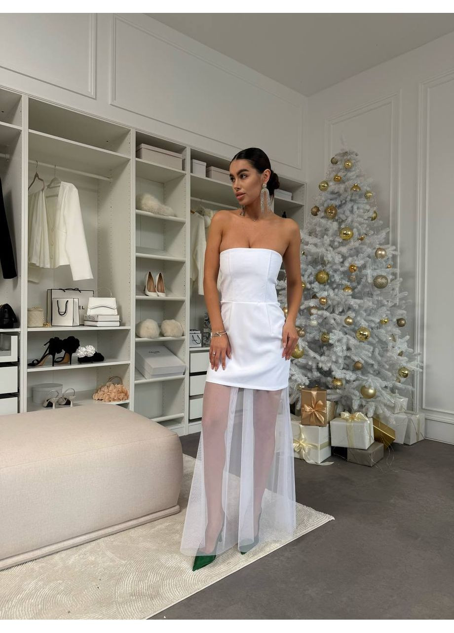 Білий вечірня трендова жіноча сукня з костюмної тканини та сітки — замір в описі DK/DL Мода без кордонів однотонна