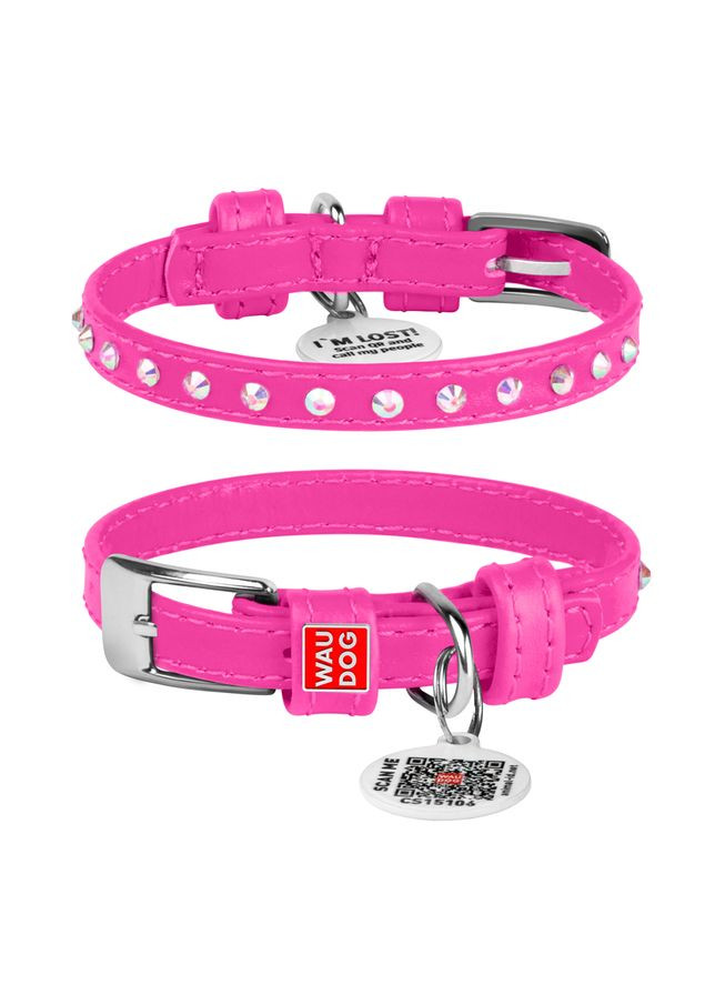 Ошейник для собак кожаный Glamour с QR паспортом, с клеевыми стразами, Ш 9 мм, Длин 19-25 см розовый WAUDOG (322002340)