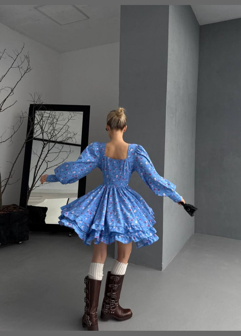 Синее повседневный, кэжуал, коктейльное, вечернее женское платье с юбкой-солнце FINO Mode с цветочным принтом