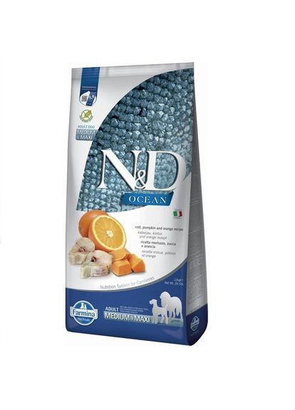 Беззерновой сухой корм N&D Grain Free OCEAN PUMPKIN для собак средних и больших пород с треской 12 кг Farmina (335972982)