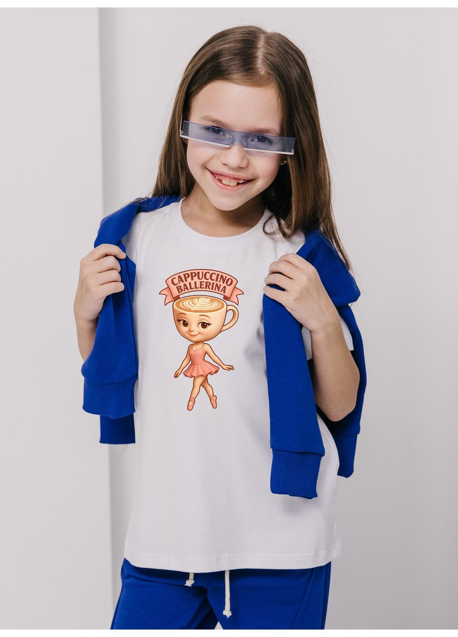 Белая демисезонная детская футболка с принтом унисекс для мальчика и девочки 110 "cappuccino ballerina" белая No Brand