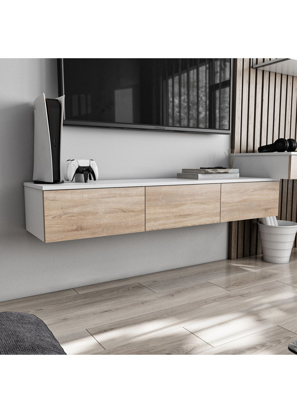 Підвісна тумба під телевізор MT-221 1500*242*360 білий/дуб сонома No Brand (358928256)