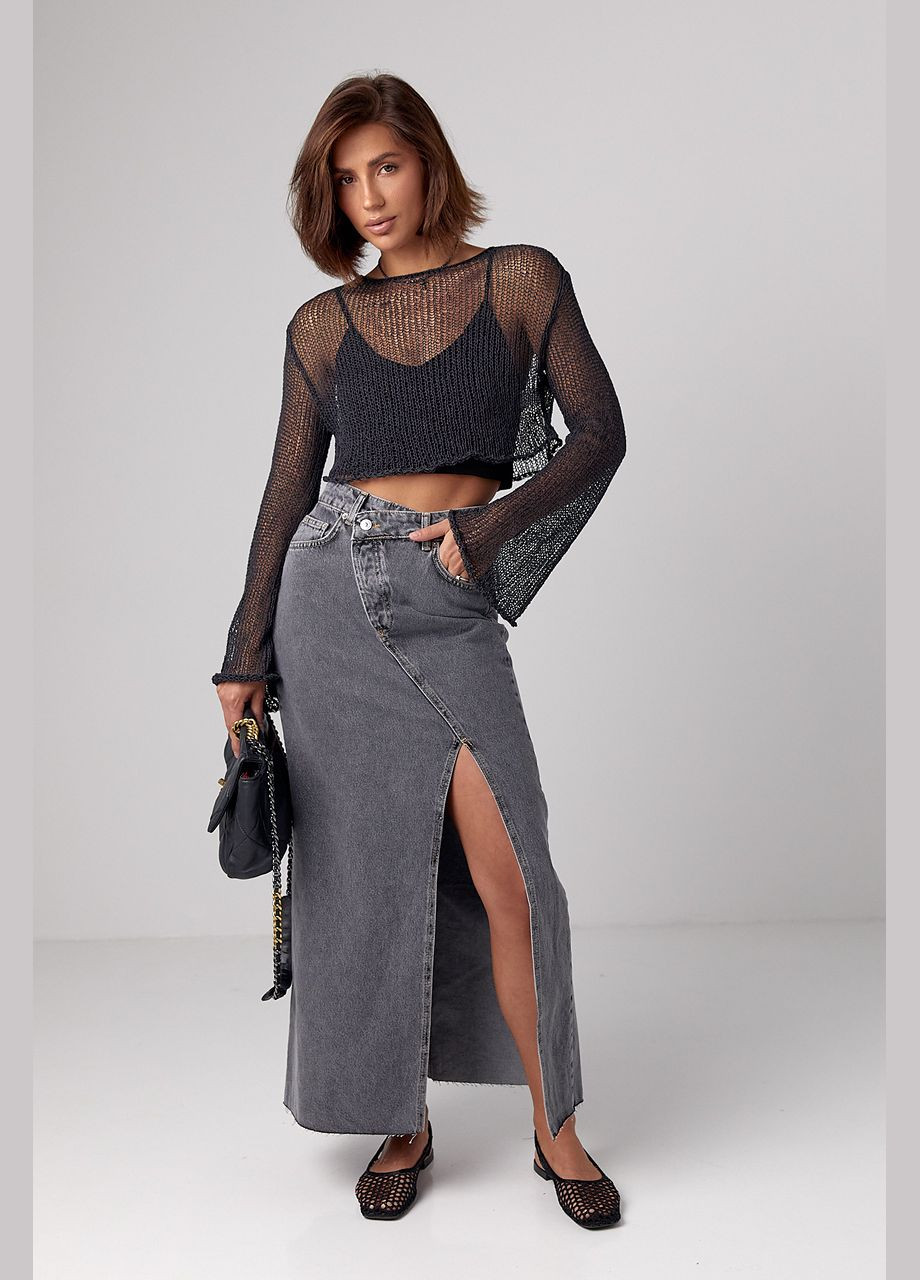 Черная джинсовая однотонная джинсовая юбка с разрезом и боковым гульфиком Liton а-силуэта (трапеция)