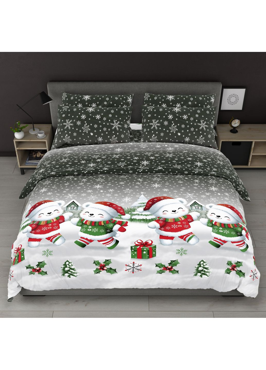 Постільна білизна новорічна двоспальна темно-сіра з білим Ведмедики Бязь Голд 518329 Ananasko (366959169)