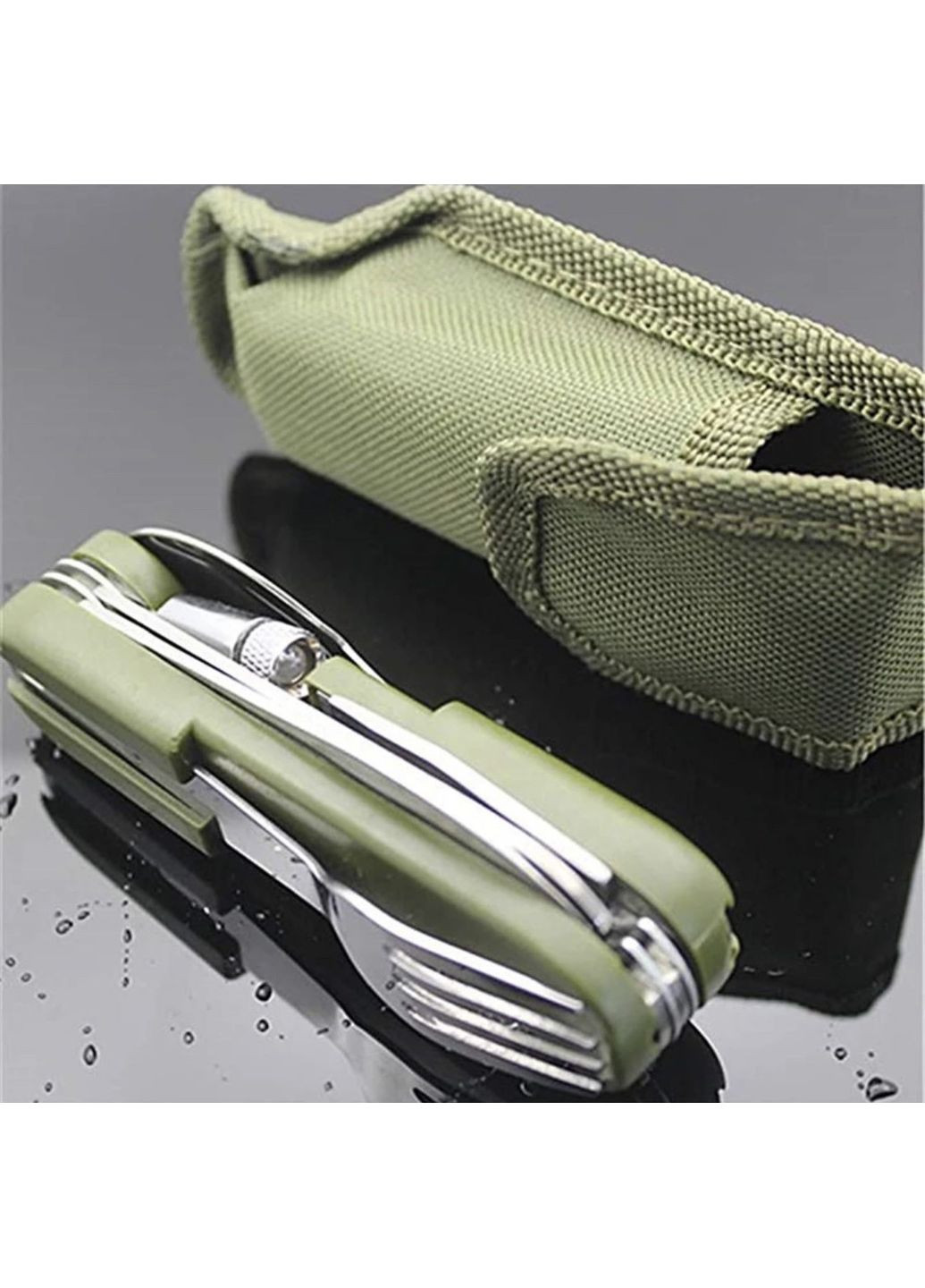 Туристический мультитул, складной набор нож, фонарик 9в1 "MultiTravel" с чехлом (зеленый) China (366890763)