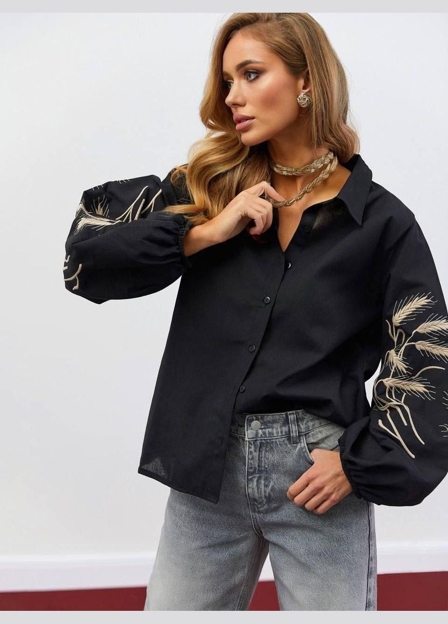 Черная женская вышиванка, рубашка с вышитыми колосьями S M L(42 44 46) No Brand (290282211)