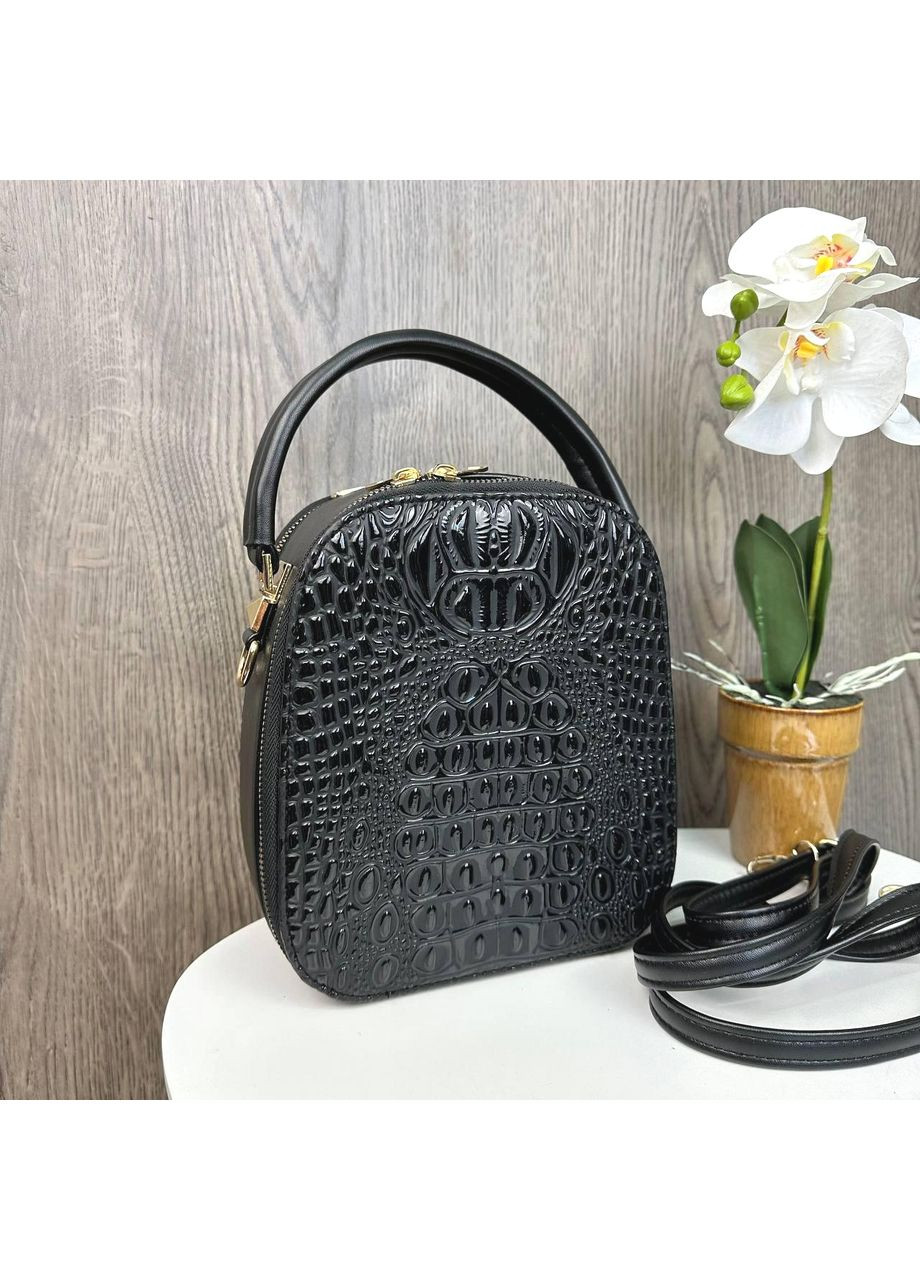 Модная женская сумочка рептилия черная эко кожа на плечо полукруглая лаковая ProDobro (363259332)