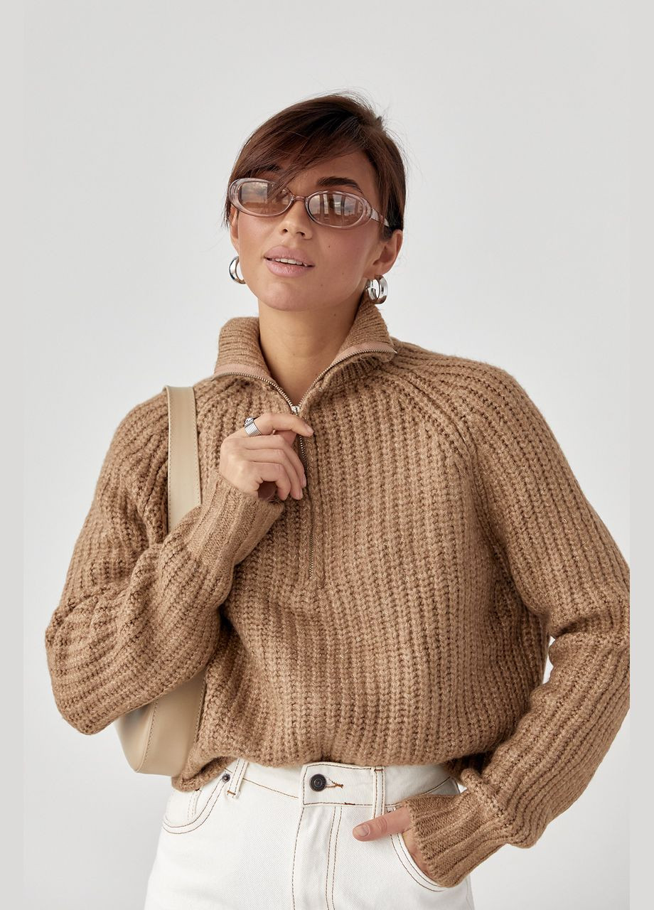 Светло-коричневый зимний женский вязаный свитер oversize с воротником на молнии 03901 Lurex