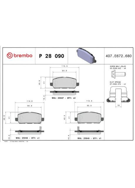 Колодки тормозные дисковые задние HONDA HR-V (RU) 11/14- P28090 Brembo (361637338)