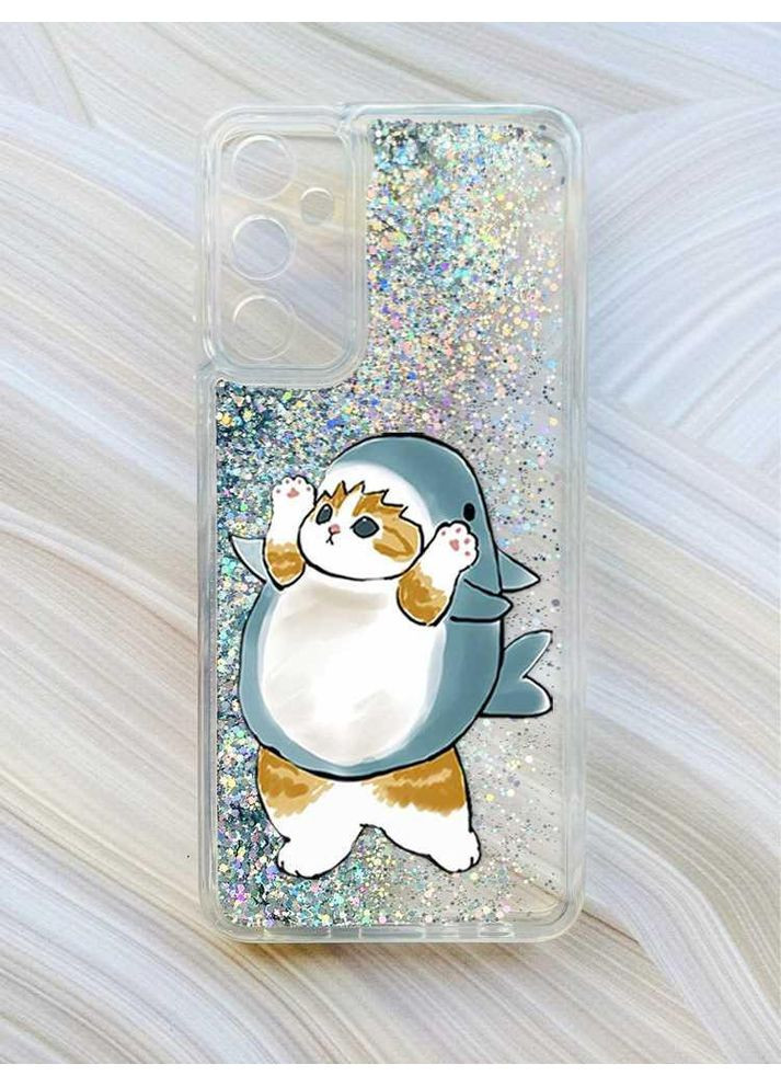 Чохол з плаваючими блискітками на Samsung Galaxy A35 (A356) Сріблястий:: Котик акула (принт 379) CASE CONTROL (360662561)