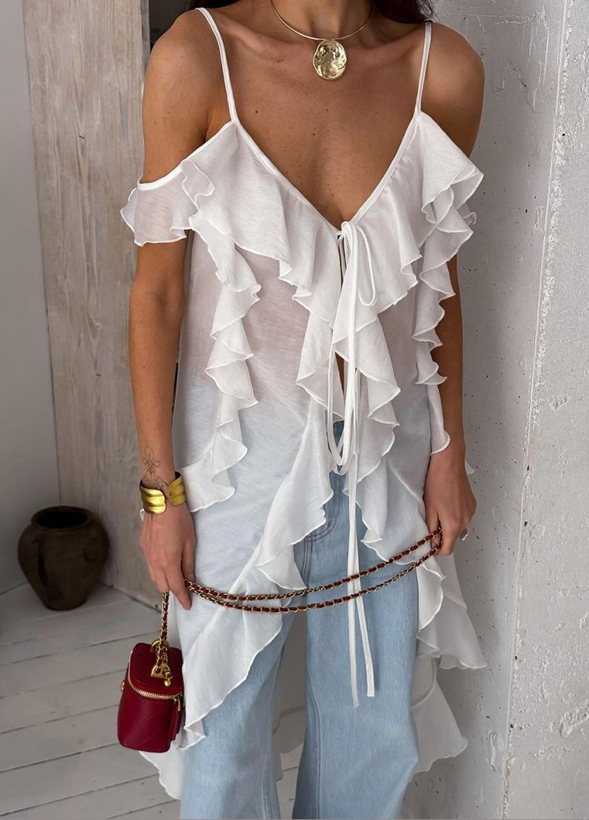 Молочная блузка с воланами длинная Art Knit