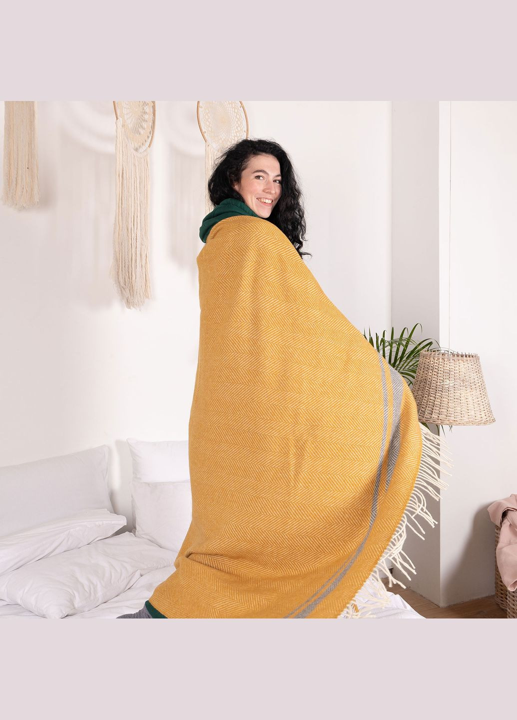 Плед Мериносовий однотонний із смужками білий-гірчиця-сірий (A-023434) Love You (325695656)