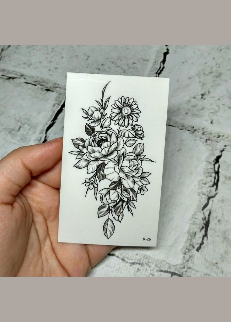 Флеш тату временная татуировка на тело Цветы 5,8х9,8 см Черно-белая No Brand (336212663)