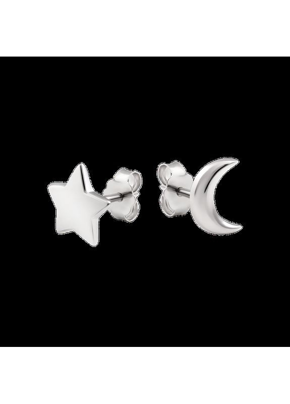 Серебряные серьги-пусеты асимметрия Звезда и Луна без камней Каштан (342335010)