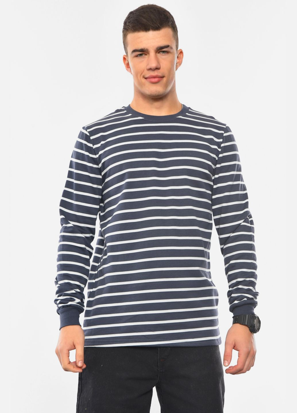 Темно-синий свитшот мужской полубатальный на флисе темно-синего цвета Let's Shop полоска без декора (306614421)