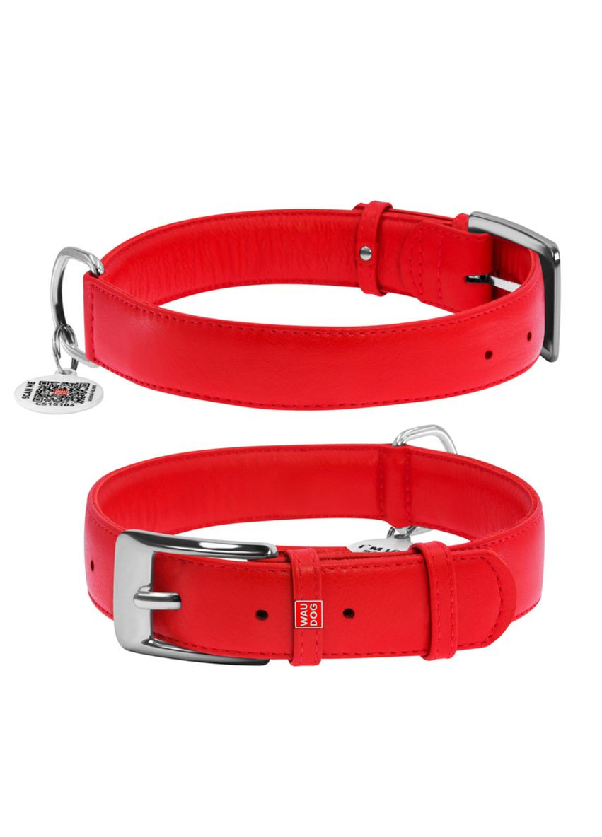 Ошейник для собак кожаный WAUDOG Glamour с QR паспортом, без украшений, M, Ш 20 мм, Дл 30-39 см красный Collar (321969993)